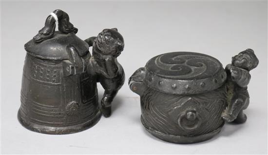 Two Japanese novelty bronze effect inkwells